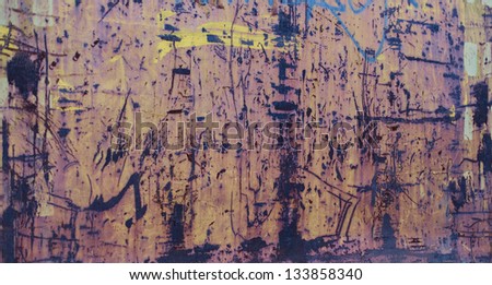 Texture of yellow rusted metal banel with scratches