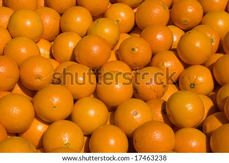 Freshly picked oranges in a large display box