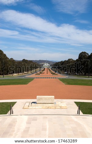 A view of Old Parliament House and New Parliament House, captured from the front of the National War Memoral, at the end of Anzac Avenue, Canberra, Australia