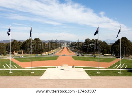A view of Old Parliament House and New Parliament House, captured from the front of the National War Memorial, at the end of Anzac Avenue, Canberra, Australia