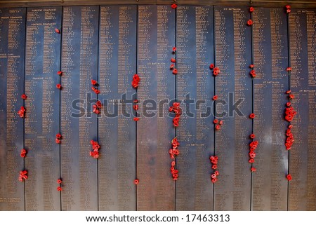 Names of fallen soldiers in the Wall of Remembrance, at the National War Memorial in Canberra, Australian Capital Territory, Australia