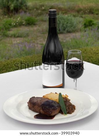 Pasture-fed Sirloin, served on a Potato Galette, topped with Onion Jam and Shiraz Jus, accommpanied by a glass of Cabernet Sauvignon