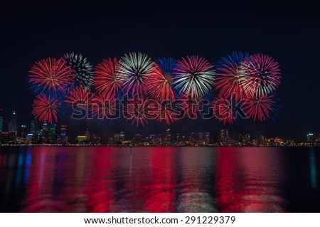 Perth Australia Day Skyworks which is the biggest Australia day fireworks display in Australia celebrating the nation\'s federation.  fireworks at Swan river, Perth city.