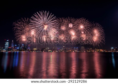 Perth Australia Day Skyworks which is the biggest Australia day fireworks display in Australia celebrating the nation\'s federation. fireworks at Swan river, Perth city.