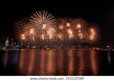 Perth Australia Day Skyworks which is the biggest Australia day fireworks display in Australia celebrating the nation\'s federation. fireworks at Swan river, Perth city.