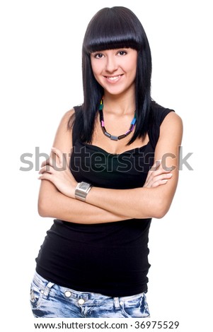 beautiful woman in a black T-shirt on a white background isolated
