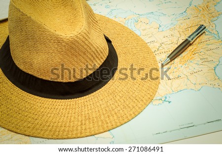 travel concept, Map and hats of USA