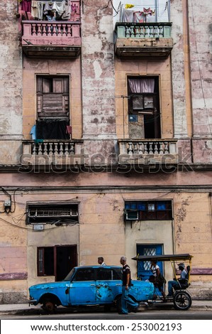HAVANA, CUBA - JANUARY 1, 2014: People are walking on the street of Old Havana, Havana, Cuba. Old Havana is city-center and one of the 15 municipalities forming Havana, Cuba