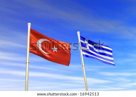 Turkey and Greece flag in the wind