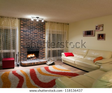 Interior Design Of Living Room In A New House With Fireplace Stock ...
