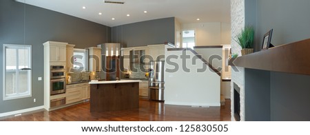 Interior design of modern kitchen and Living room in a new house