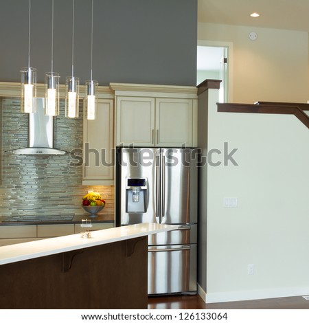 Interior design of modern kitchen and Living room in a new house