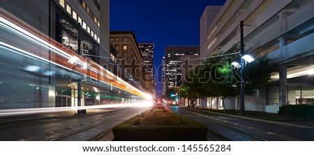 Houston, Texas. Tram moving at Main street at night