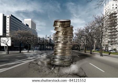 Pile of Euros falling down into the city: Economic and Financial crisis concept