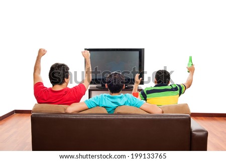 Group of friends watching Sports on TV: blank space on TV