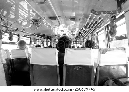 Interior of an old bus,Thailand (Black and white photo)