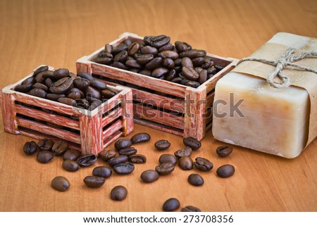 Composition with grains of coffee, soap and decorative objects