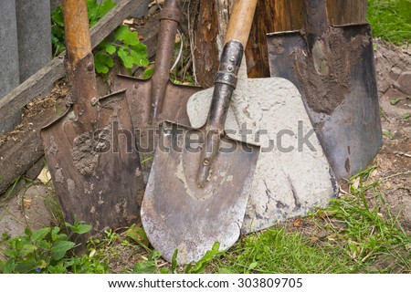 Large and small shovels in the yard village house