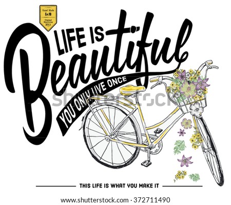 illustration handmade drawing bicycle and romantic flowers
