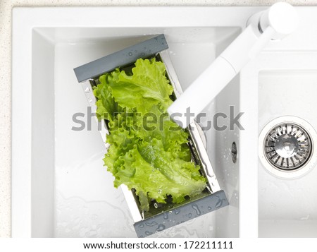 White granite kitchen sink with mixer tap, flowers and green apple. Classical interior. Water flows from the faucet with pull-watering.
