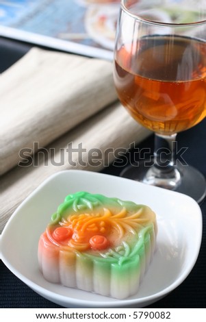 Colorful fruit flavored mooncakes with goldfish patterns signifying prosperity and wealth