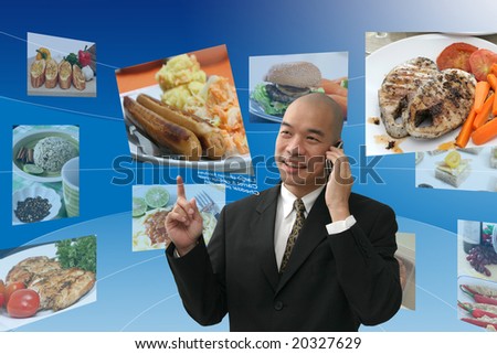 Oriental looking business man circled by food pictures ordering out
