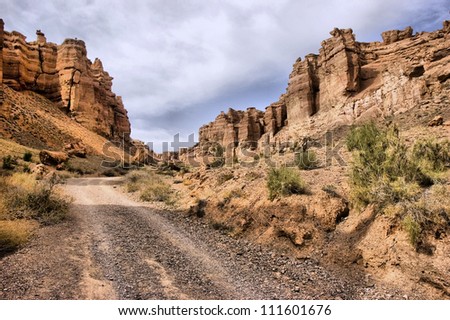 dirt road in Charyn canyon in Kazakhstan