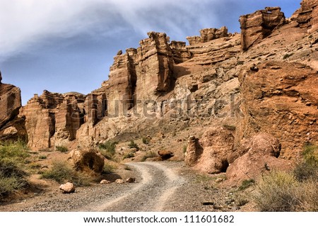dirt road in Charyn canyon in Kazakhstan