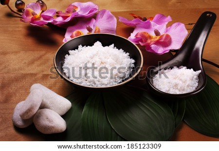 A set of Bath salt on the wooden table. Asian spa massage.
