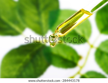 A pipette of essential liquid from plants. Aromatherapy,alternative medicine with green leaf background.