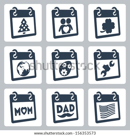 Vector calendar icons representing holidays: Christmas/New Year, Valentine's Day, St. Patrick's Day, Earth Day, Easter, Labor Day, Mother's Day, Father's Day, Independence Day/Flag Day