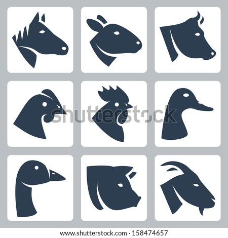 Vector Domesticated Animals Icons Set: Horse, Sheep, Cow, Chicken, Rooster, Duck, Goose, Pig, Goat