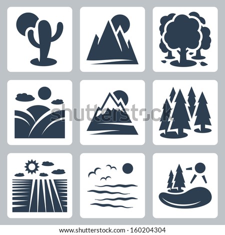 Vector Nature Icons Set: Desert, Mountains, Forest, Meadow, Snow-Covered Mountains, Conifer Forest, Field, Sea, Lake