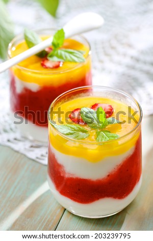 Fruit mousse with natural yoghurt. Delicious breakfast