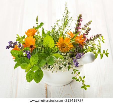 Bouquet of fresh herbs in mortar
