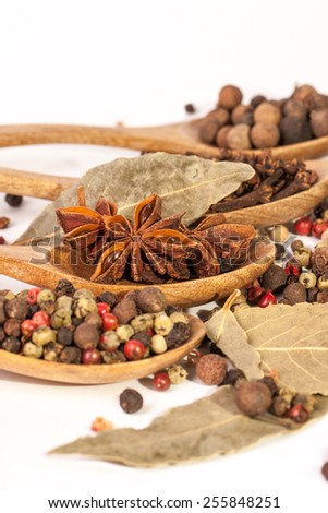 Spices. Spice in Wooden spoon. Herbs. Curry, Saffron, turmeric, cinnamon and other isolated on a white background. Pepper. Large collection of different spices and herbs isolated on white
