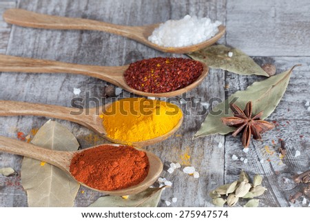Spices. Spice in Wooden spoon. Herbs. Curry, Saffron, turmeric, cinnamon and other on a wooden rustic background. Pepper. Large collection of different spices and herbs. Salt, paprika.