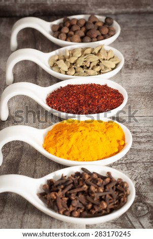 Spices. Spice in white bowls and spoons. Herbs. Curry, Saffron, turmeric, cinnamon and other on a wooden rustic background. Pepper. Large collection of different spices and herbs. Salt, paprika.