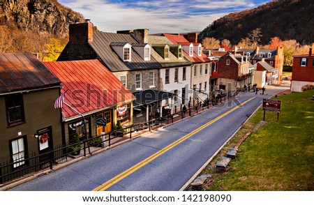 Historic buildings and shops on High Street in Harper\'s Ferry, West Virginia.