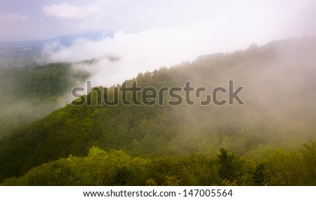 View of the Blue Ridge through fog and thick low clouds from Skyline Drive in Shenandoah National Park, Virginia.