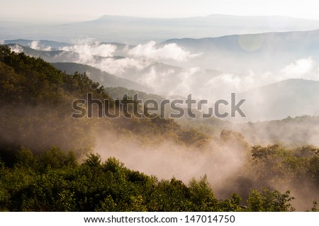 Fog and low clouds in the Blue Ridge Mountains, seen from Skyline Drive in Shenandoah National Park, Virginia