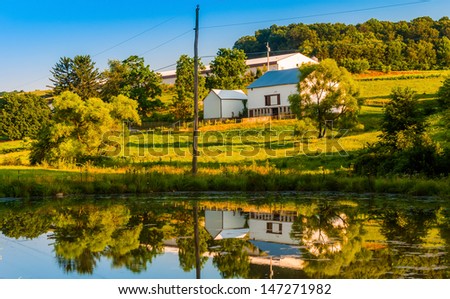 Barn and trees reflecting in a small pond on a farm in rural York County, Pennsylvania.