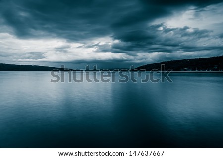 Dark storm clouds over Cayuga Lake, in Ithaca, New York.