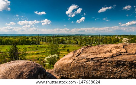 Boulders and view of battlefields on Little Round Top, in Gettysburg, Pennsylvania.