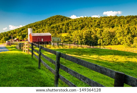 Barn and fields on a farm in the Shenandoah Valley, Virginia.