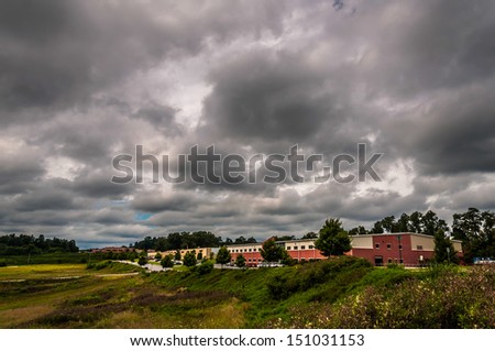Storm clouds over buildings in an industrial park in York County, Pennsylvania.