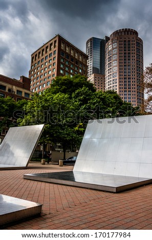 Art installation and buildings in Boston, Massachusetts.