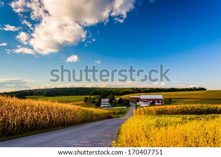Country road and view of a farm in rural York County, Pennsylvania.