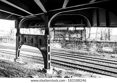 Railroad tracks under the Howard Street Bridge in Baltimore, Maryland.
