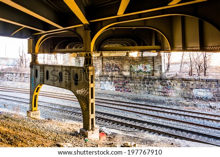Railroad tracks under the Howard Street Bridge in Baltimore, Maryland.